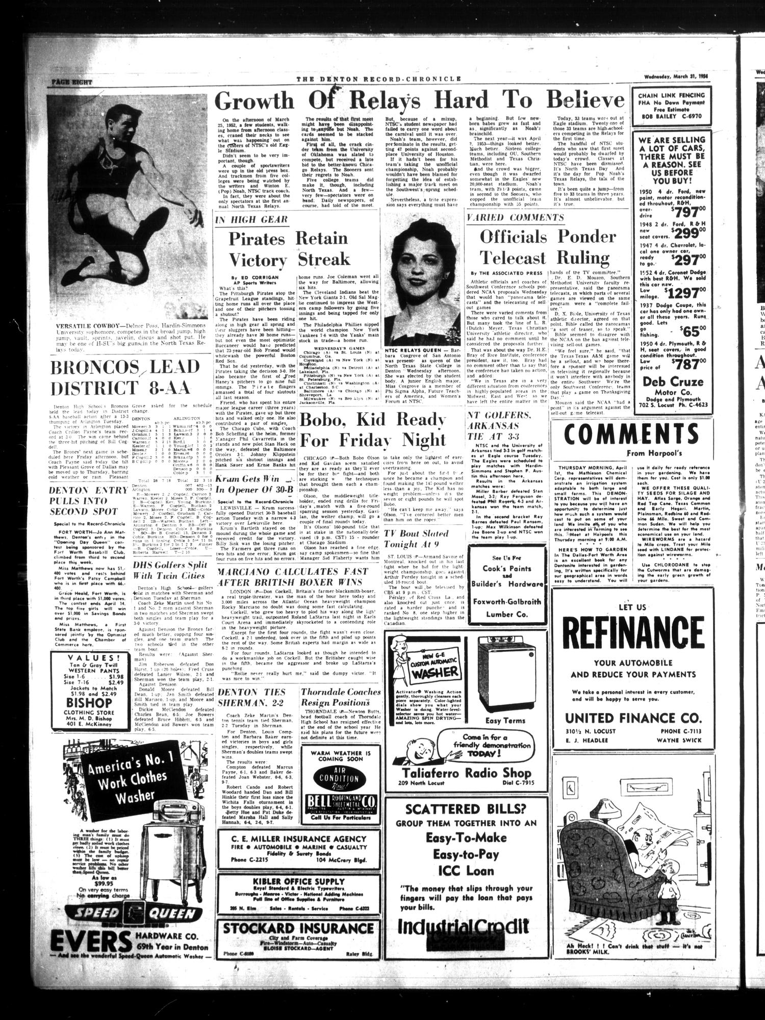 Denton Record-Chronicle (Denton, Tex.), Vol. 51, No. 207, Ed. 1 Wednesday, March 31, 1954
                                                
                                                    [Sequence #]: 8 of 12
                                                
