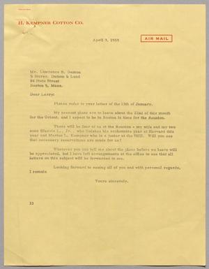 Primary view of object titled '[Letter from Harris Leon Kempner to Lawrence B. Damon, April 3, 1959]'.
