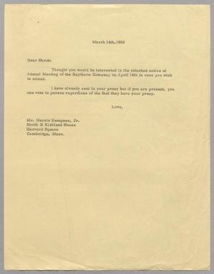 Primary view of object titled '[Letter from Harris Leon Kempner to Shrub, March 14, 1960]'.