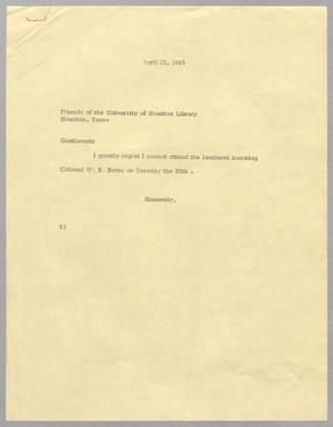 Primary view of object titled '[Letter from Harris Leon Kempner to University of Houston Library, April 12, 1965]'.