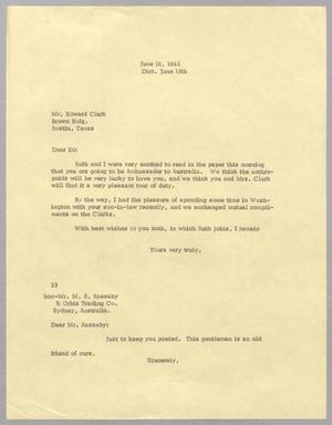 Primary view of object titled '[Letter from Harris L. Kempner to Edward Clark, June 16, 1965]'.