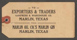 Primary view of object titled '[Marlin Oil Company Gin Tag]'.