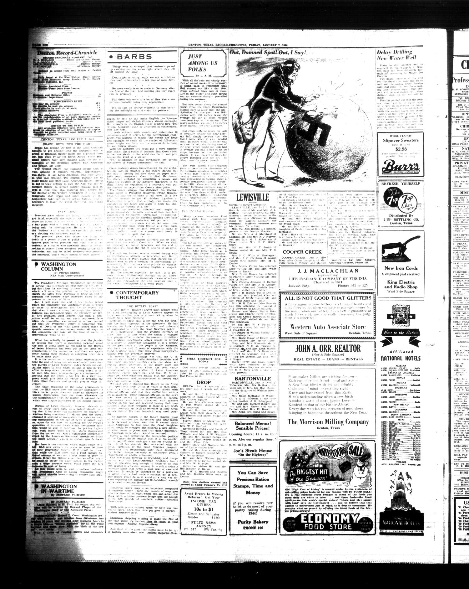 Denton Record-Chronicle (Denton, Tex.), Vol. 41, No. 125, Ed. 1 Friday, January 7, 1944
                                                
                                                    [Sequence #]: 6 of 8
                                                