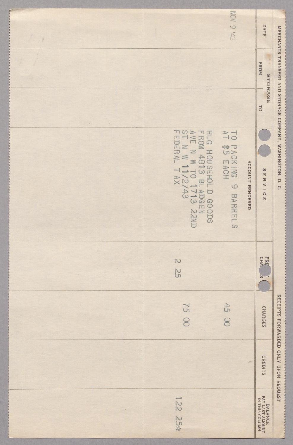 [Account Statement for Merchants Transfer and Storage Company, November 9, 1943]
                                                
                                                    [Sequence #]: 1 of 2
                                                