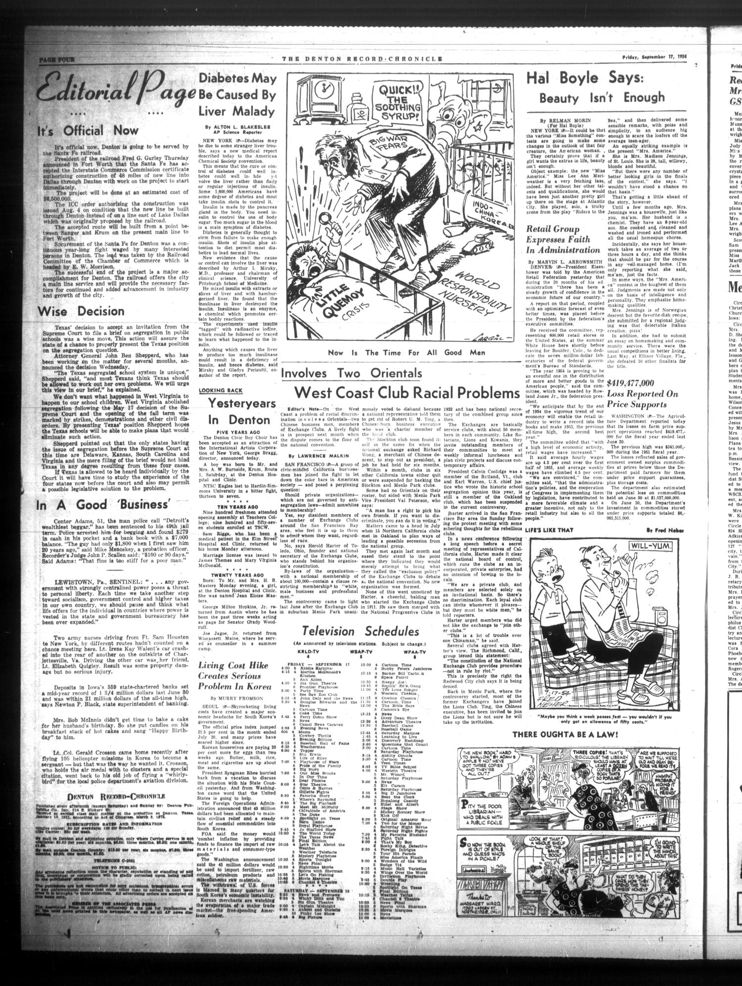 Denton Record-Chronicle (Denton, Tex.), Vol. 52, No. 40, Ed. 1 Friday, September 17, 1954
                                                
                                                    [Sequence #]: 4 of 12
                                                