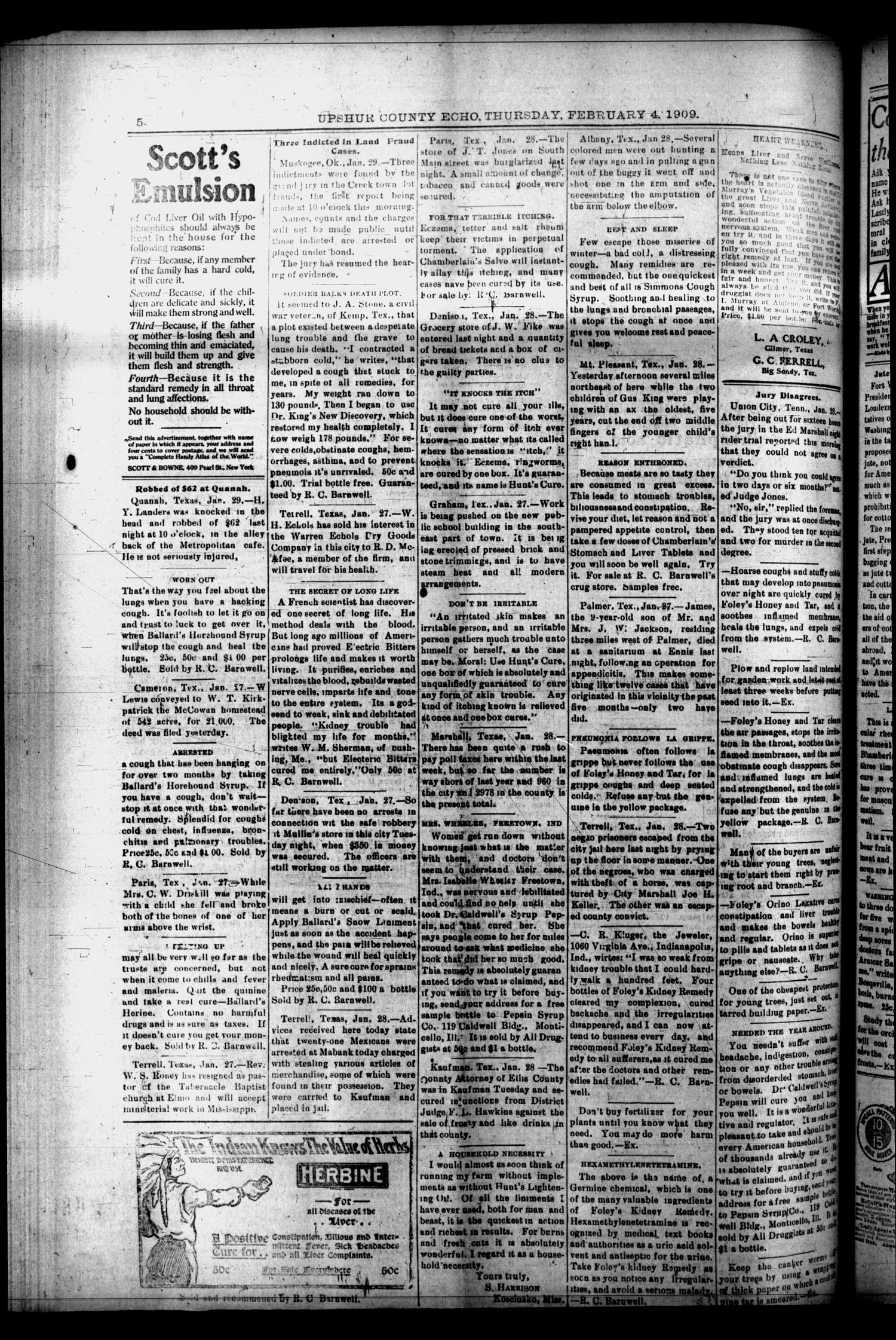 Upshur County Echo. (Gilmer, Tex.), Vol. 12, No. 13, Ed. 1 Thursday, February 4, 1909
                                                
                                                    [Sequence #]: 6 of 8
                                                