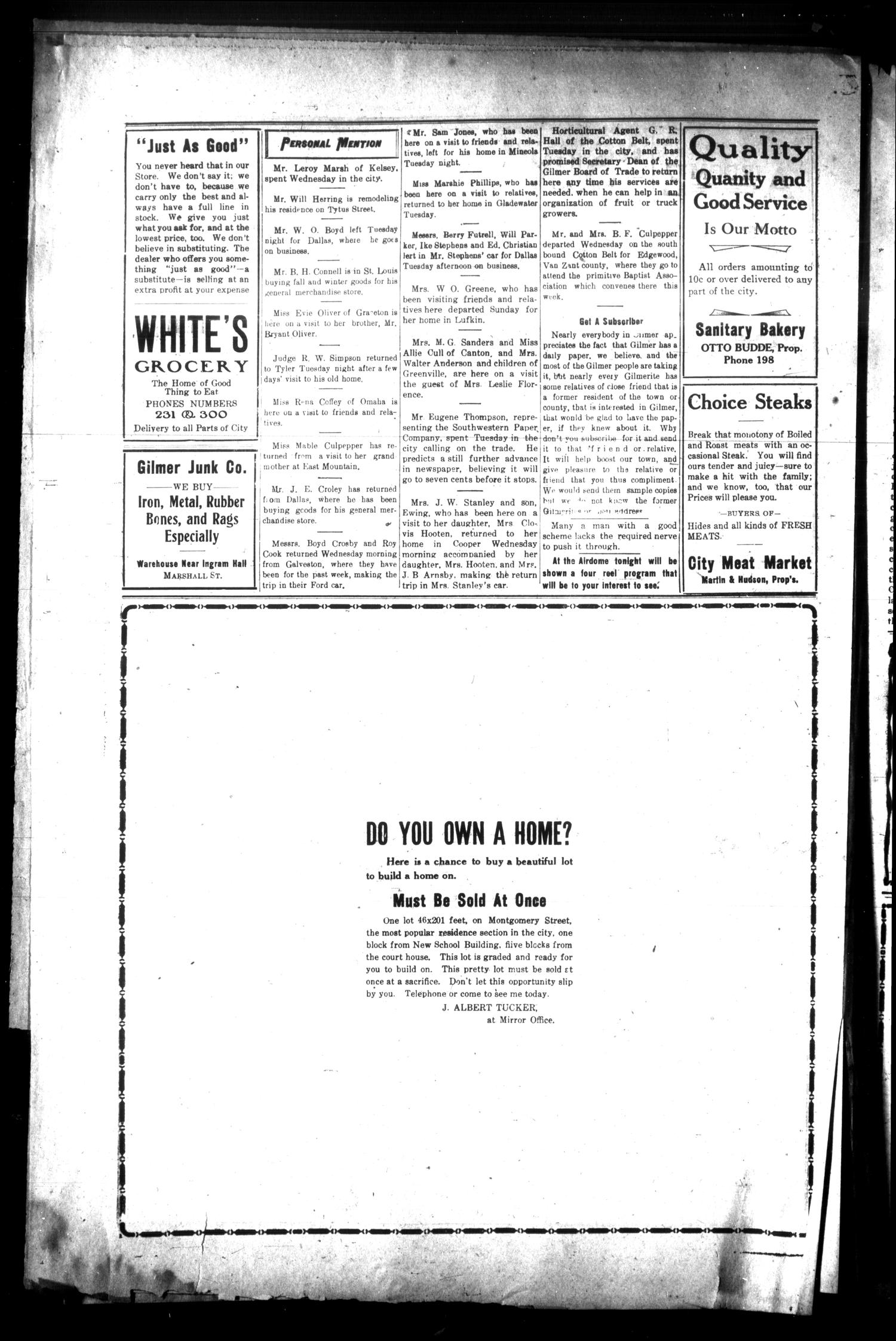 The Gilmer Mirror (Gilmer, Tex.), Vol. 1, No. 132, Ed. 1 Wednesday, August 16, 1916
                                                
                                                    [Sequence #]: 4 of 4
                                                