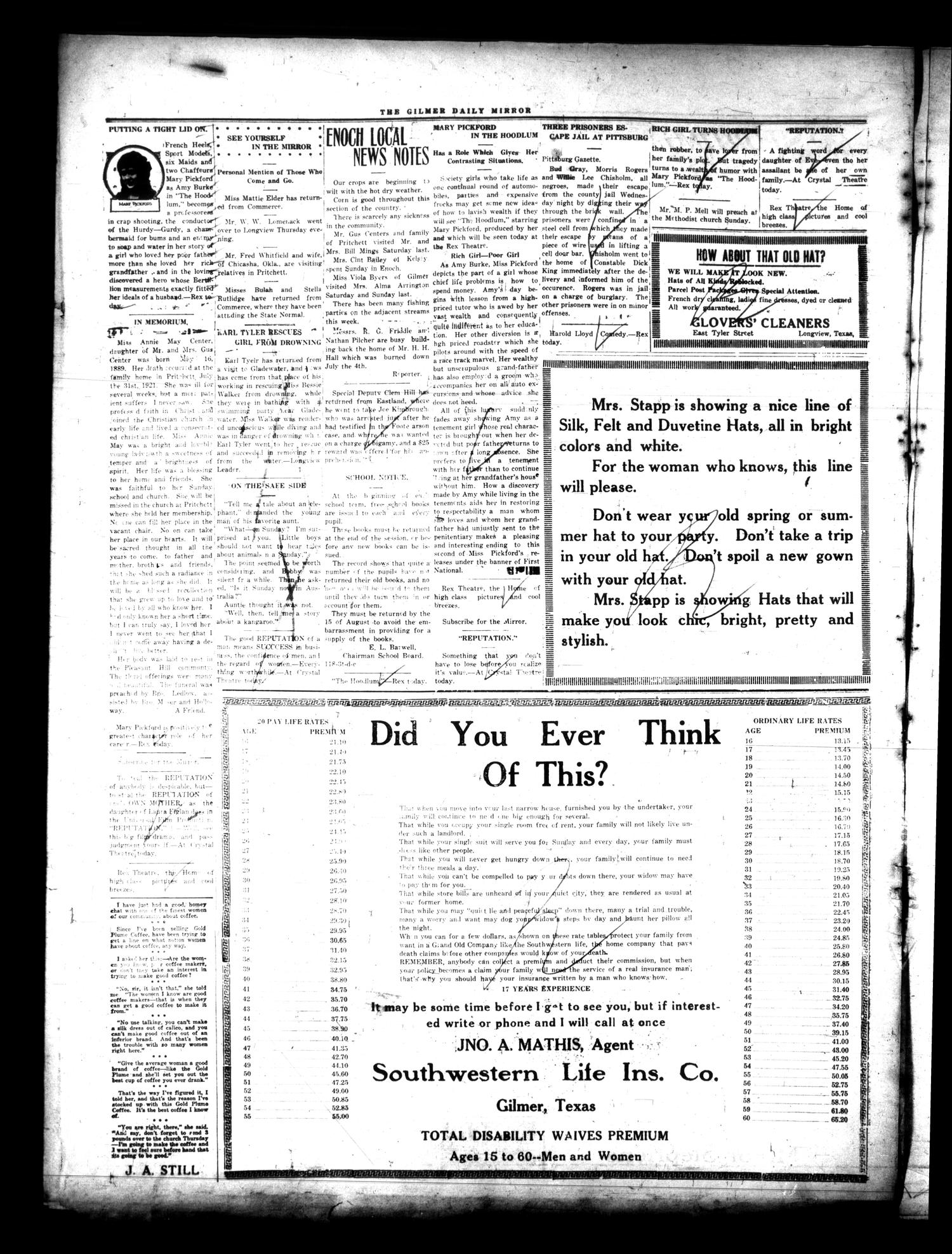 The Gilmer Mirror (Gilmer, Tex.), Vol. 6, No. 118, Ed. 1 Friday, August 12, 1921
                                                
                                                    [Sequence #]: 4 of 4
                                                