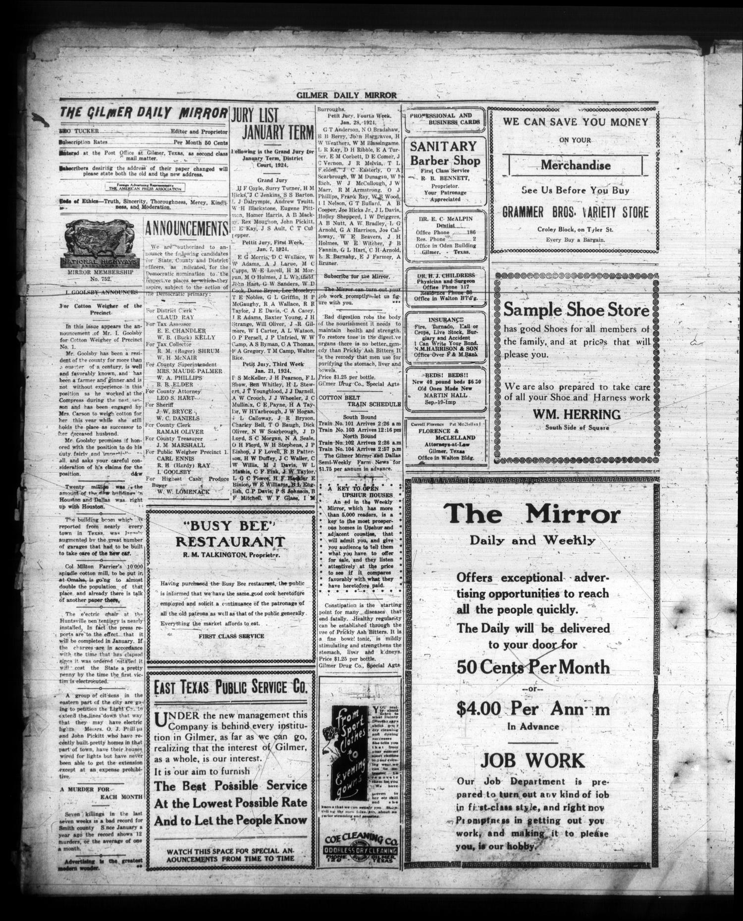 The Gilmer Mirror (Gilmer, Tex.), Vol. 8, No. 254, Ed. 1 Saturday, January 5, 1924
                                                
                                                    [Sequence #]: 2 of 4
                                                