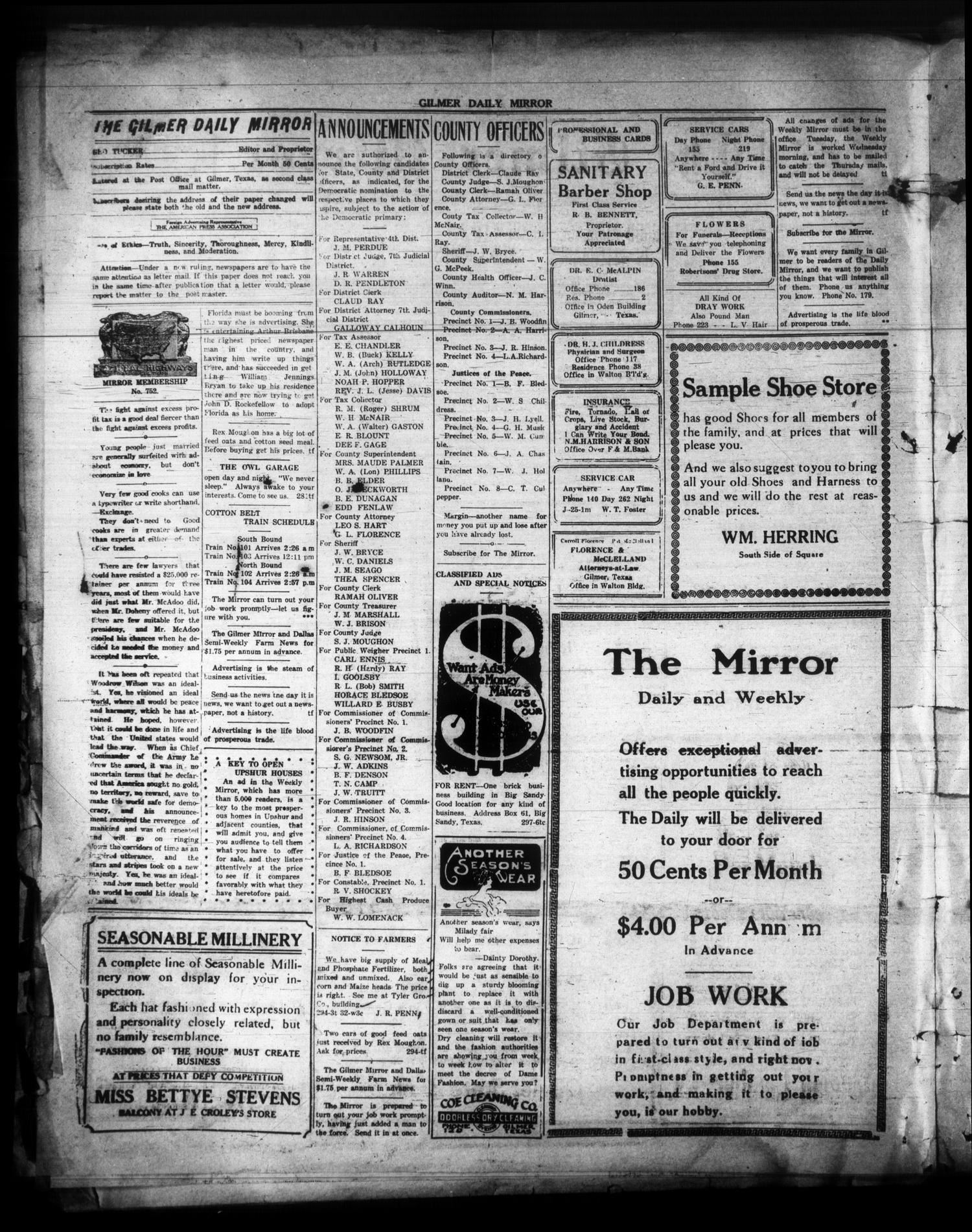 The Gilmer Mirror (Gilmer, Tex.), Vol. 8, No. 299, Ed. 1 Wednesday, February 27, 1924
                                                
                                                    [Sequence #]: 2 of 4
                                                