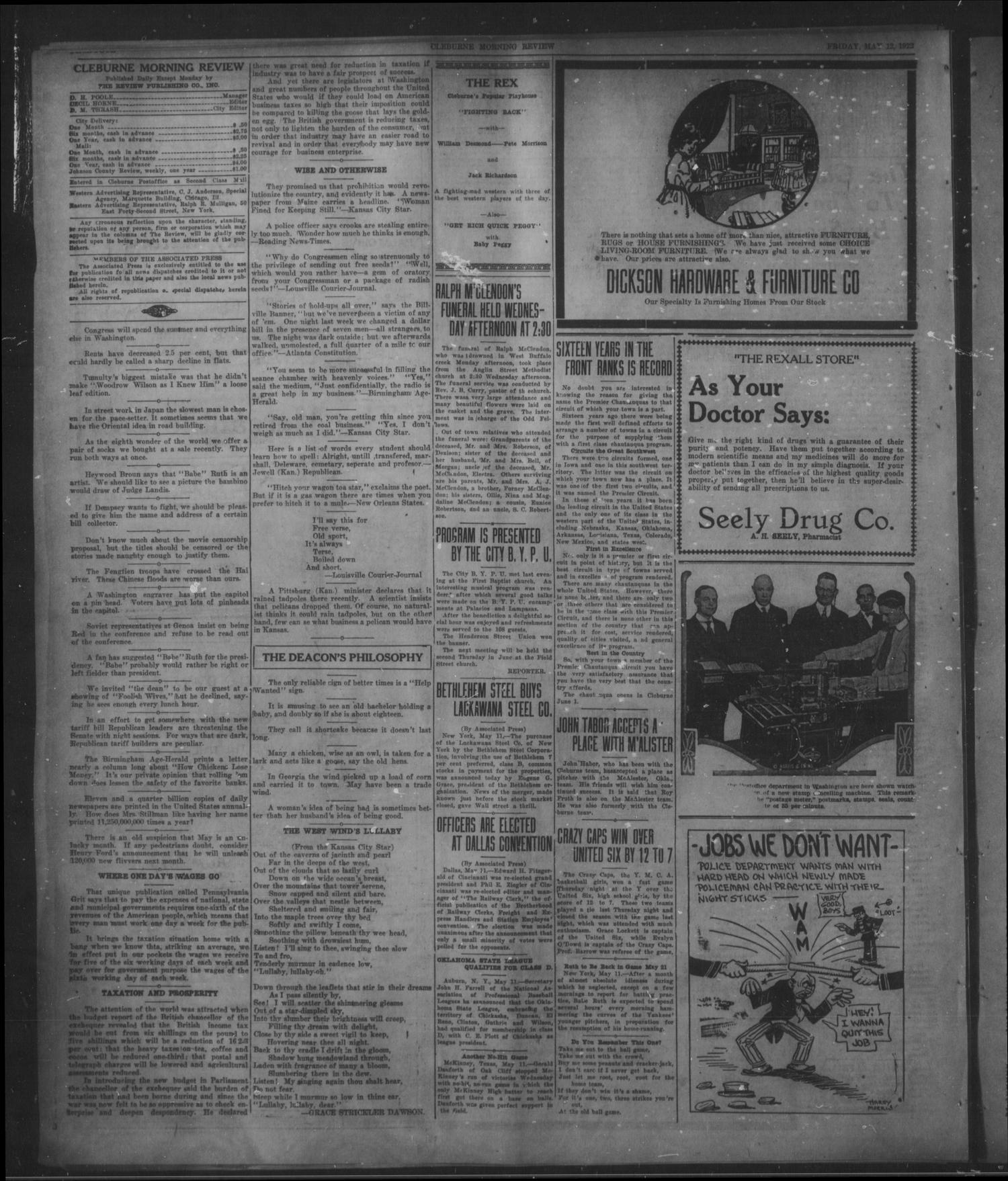 Cleburne Morning Review (Cleburne, Tex.), Ed. 1 Friday, May 12, 1922
                                                
                                                    [Sequence #]: 4 of 8
                                                
