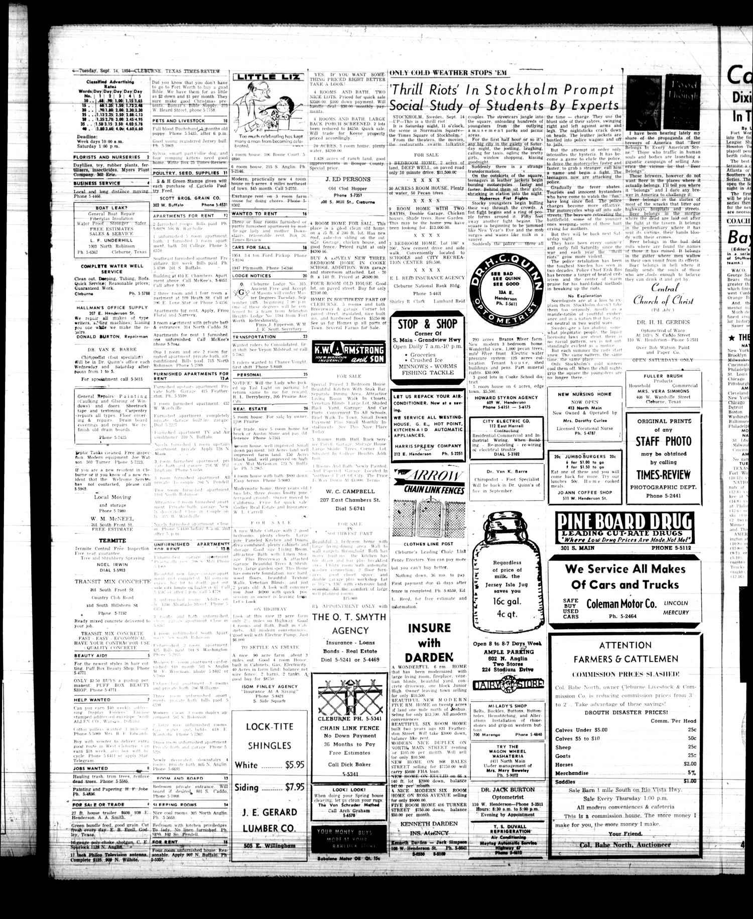 Cleburne Times-Review (Cleburne, Tex.), Vol. 49, No. 260, Ed. 1 Tuesday, September 14, 1954
                                                
                                                    [Sequence #]: 4 of 6
                                                