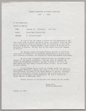 Primary view of object titled '[Letter from Brown Booth of Houston Committee on Foreign Relations to the members, January 12, 1959]'.