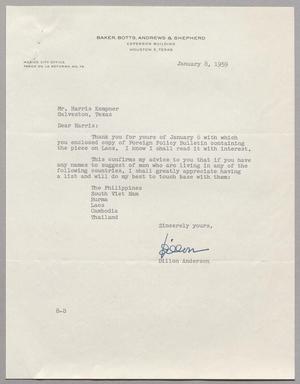 Primary view of object titled '[Letter from Dillon Anderson to Harris Leon Kempner, January 8, 1959]'.