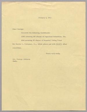 Primary view of object titled '[Letter from Harris Leon Kempner to George Atkinson, January 3, 1962]'.