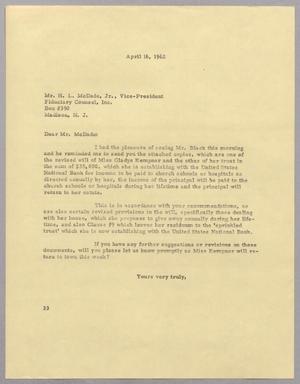 Primary view of object titled '[Letter from Harris Leon Kempner to H. L. McDade, April 16, 1962]'.