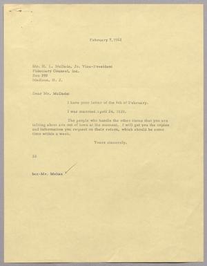 Primary view of object titled '[Letter from Harris Leon Kempner to H. L. McDade, Jr., February 7, 1962]'.