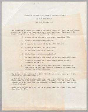 Primary view of object titled '[Letter from the Federation of French Alliances in the United States, 1965]'.