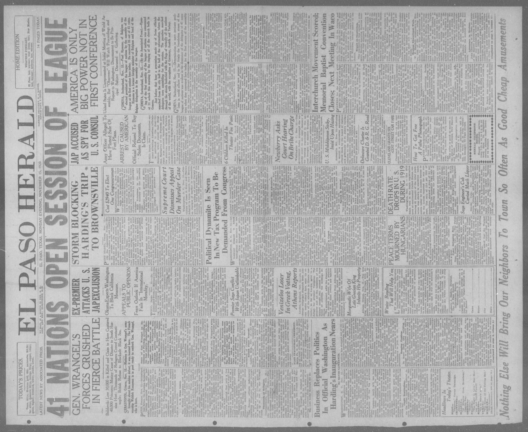 El Paso Herald (El Paso, Tex.), Ed. 1, Monday, November 15, 1920
                                                
                                                    [Sequence #]: 1 of 14
                                                