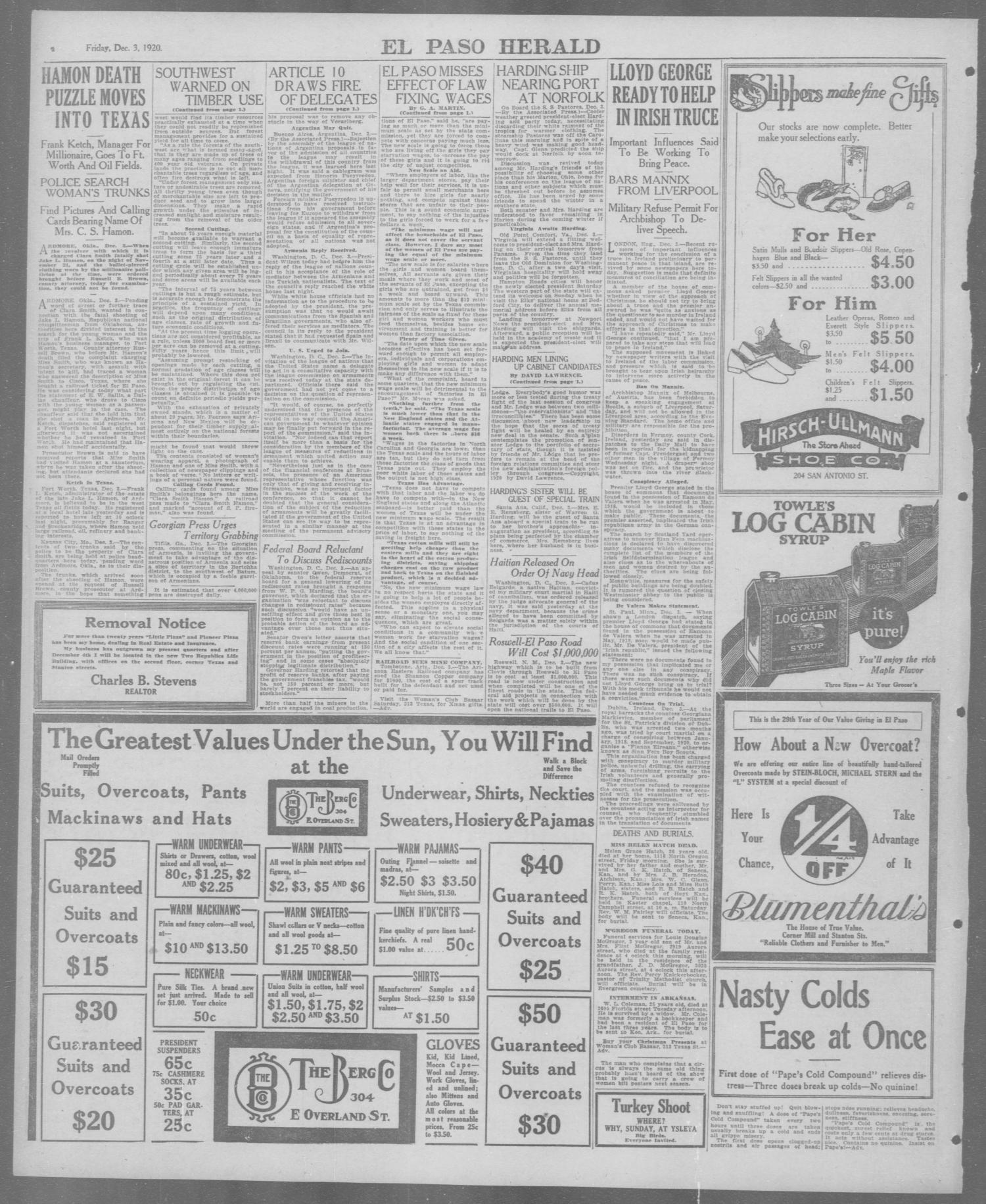 El Paso Herald (El Paso, Tex.), Ed. 1, Friday, December 3, 1920
                                                
                                                    [Sequence #]: 4 of 20
                                                