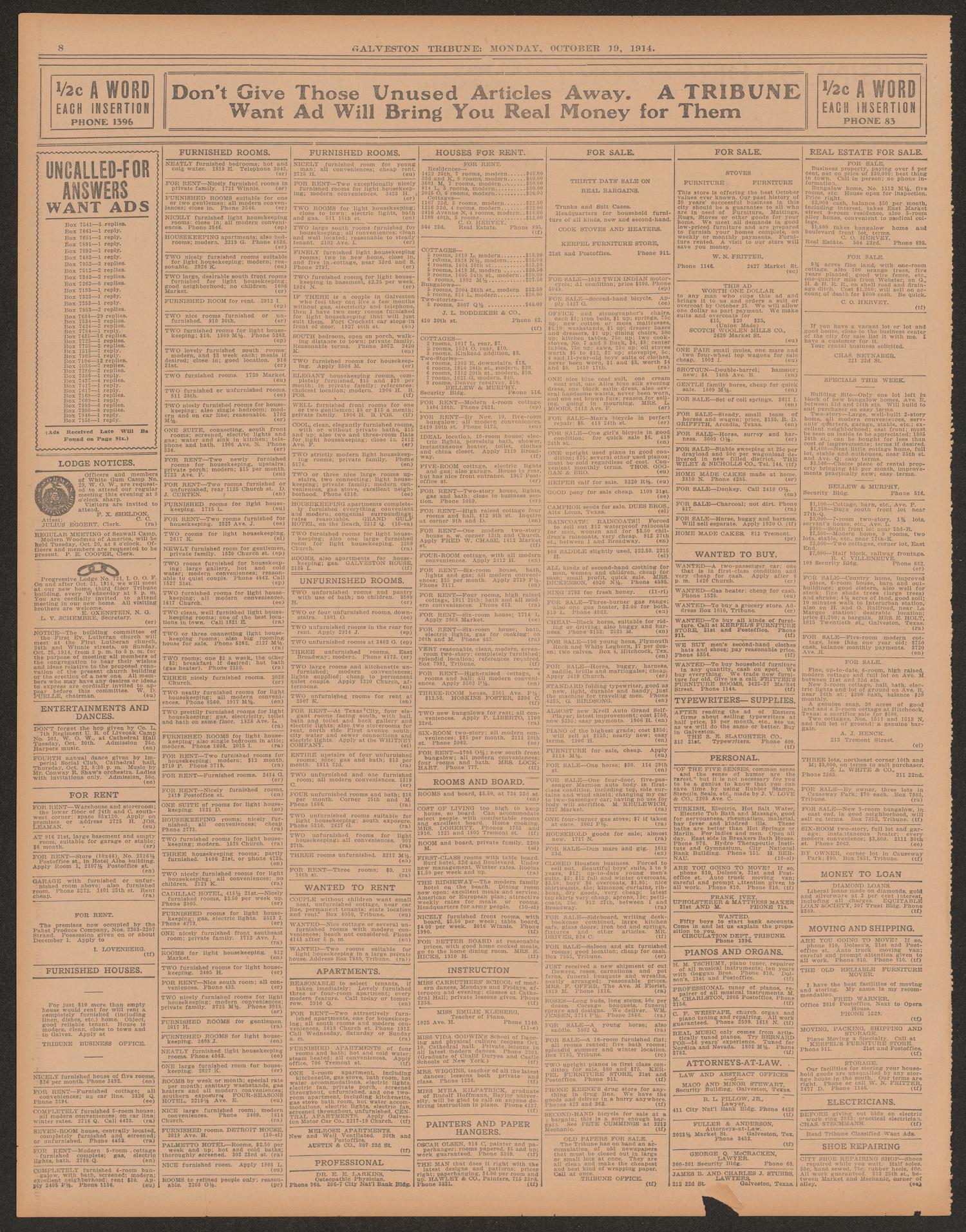Galveston Tribune. (Galveston, Tex.), Vol. 34, No. 280, Ed. 1 Monday, October 19, 1914
                                                
                                                    [Sequence #]: 8 of 10
                                                