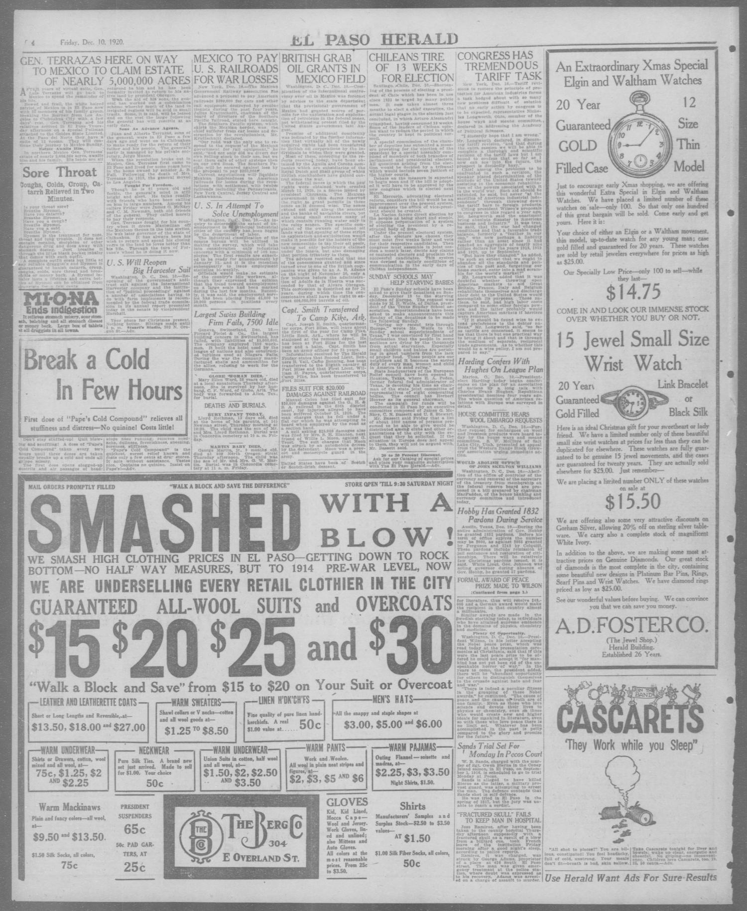 El Paso Herald (El Paso, Tex.), Ed. 1, Friday, December 10, 1920
                                                
                                                    [Sequence #]: 4 of 20
                                                