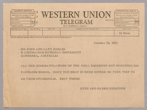 Primary view of object titled '[Telegram from Ruth and Harris Kempner to John and Lady Eccles, October 18, 1963]'.