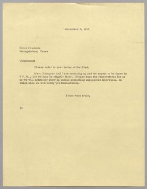 Primary view of object titled '[Letter from Harris Leon Kempner to Hotel Fredonia, December 3, 1963]'.