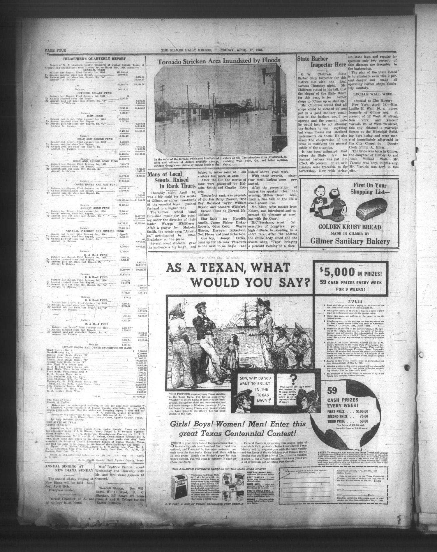 The Gilmer Daily Mirror (Gilmer, Tex.), Vol. 21, No. 30, Ed. 1 Friday, April 17, 1936
                                                
                                                    [Sequence #]: 4 of 4
                                                