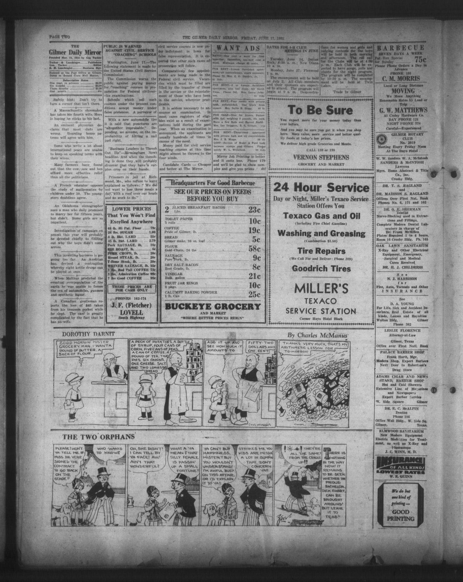 The Gilmer Daily Mirror (Gilmer, Tex.), Vol. 17, No. 81, Ed. 1 Friday, June 17, 1932
                                                
                                                    [Sequence #]: 2 of 4
                                                