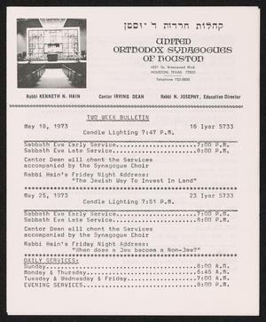 Primary view of object titled 'United Orthodox Synagogues of Houston, Two Week Bulletin: [Starting] May 18, 1973'.