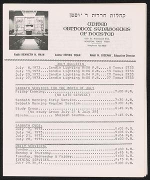 Primary view of object titled 'United Orthodox Synagogues of Houston Bulletin, July 1973'.