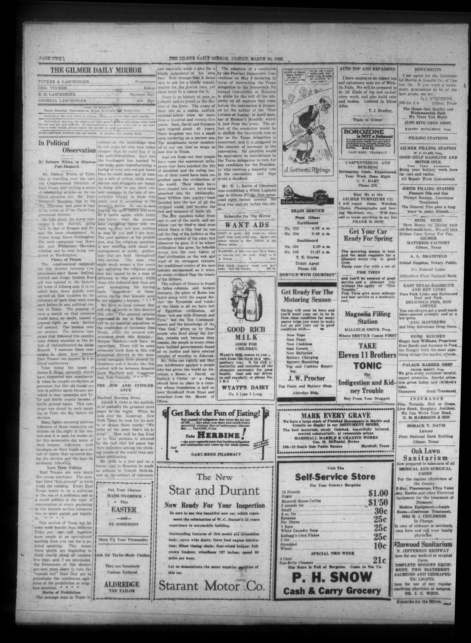 The Gilmer Daily Mirror (Gilmer, Tex.), Vol. 13, No. 13, Ed. 1 Friday, March 30, 1928
                                                
                                                    [Sequence #]: 2 of 4
                                                