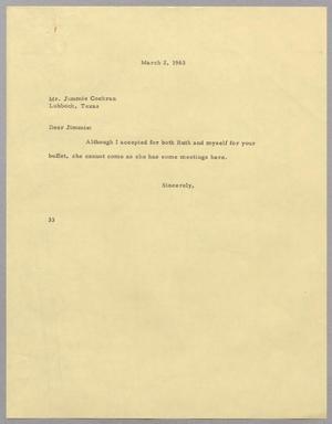 Primary view of object titled '[Letter from Harris L. Kempner to Jimmie Cochran - March 2, 1963]'.