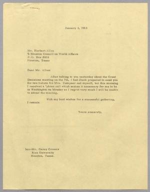 Primary view of object titled '[Letter from Harris L. Kempner to Herbert Allen - January 3, 1963]'.