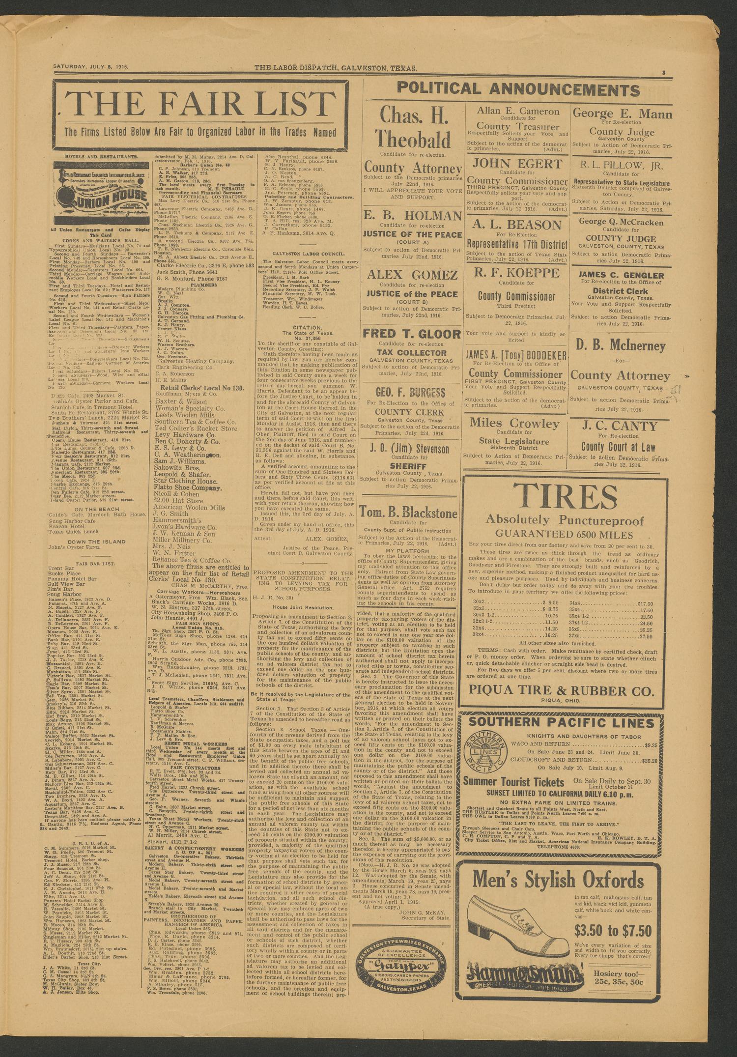 The Labor Dispatch (Galveston, Tex.), Vol. 6, No. 26, Ed. 1 Saturday, July 8, 1916
                                                
                                                    [Sequence #]: 3 of 4
                                                