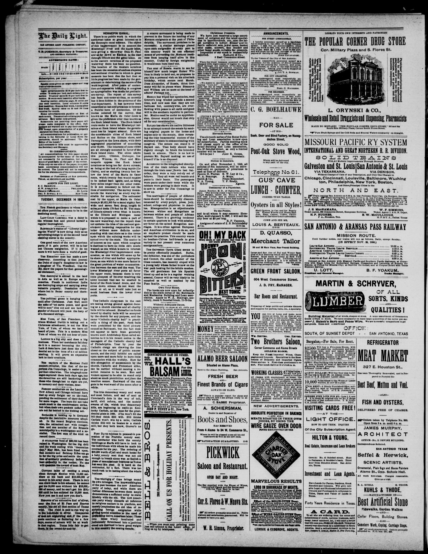 San Antonio Daily Light (San Antonio, Tex.), Vol. 6, No. 341, Ed. 1, Tuesday, December 14, 1886
                                                
                                                    [Sequence #]: 2 of 4
                                                