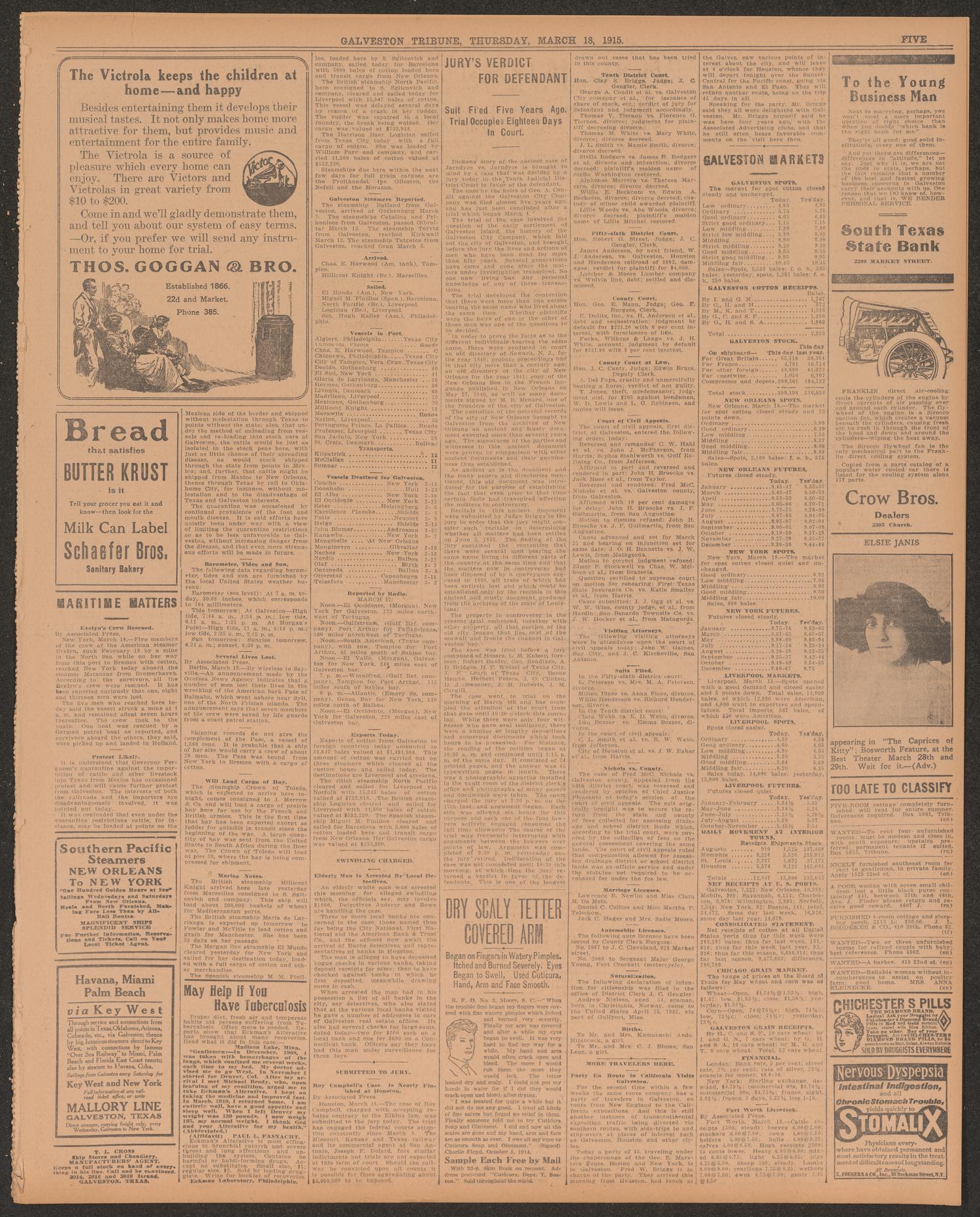 Galveston Tribune. (Galveston, Tex.), Vol. 35, No. 96, Ed. 1 Thursday, March 18, 1915
                                                
                                                    [Sequence #]: 5 of 10
                                                