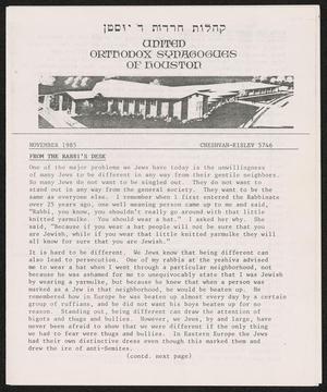 Primary view of object titled 'United Orthodox Synagogues of Houston Newsletter, November 1985'.