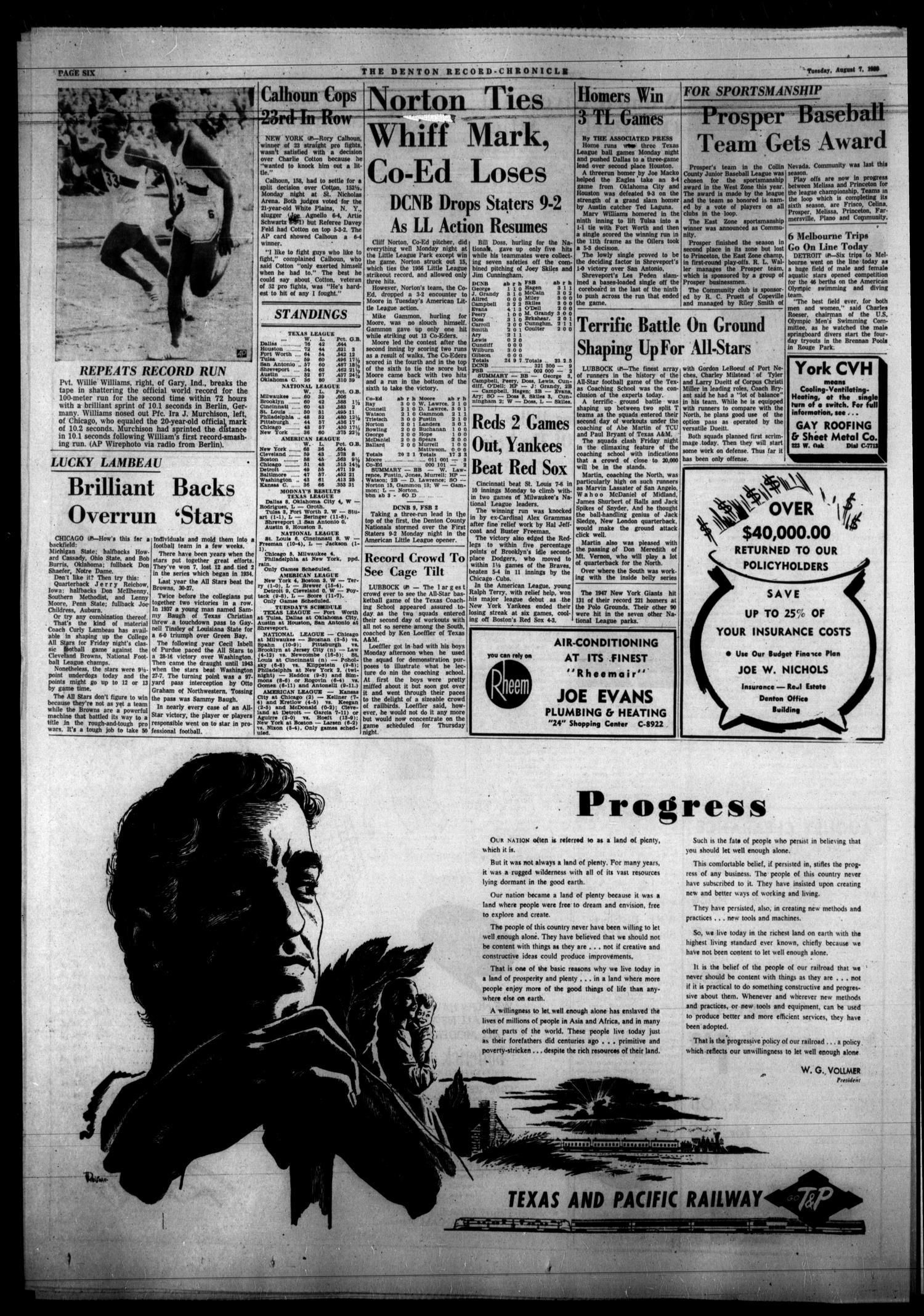 Denton Record-Chronicle (Denton, Tex.), Vol. 54, No. 4, Ed. 1 Tuesday, August 7, 1956
                                                
                                                    [Sequence #]: 6 of 10
                                                