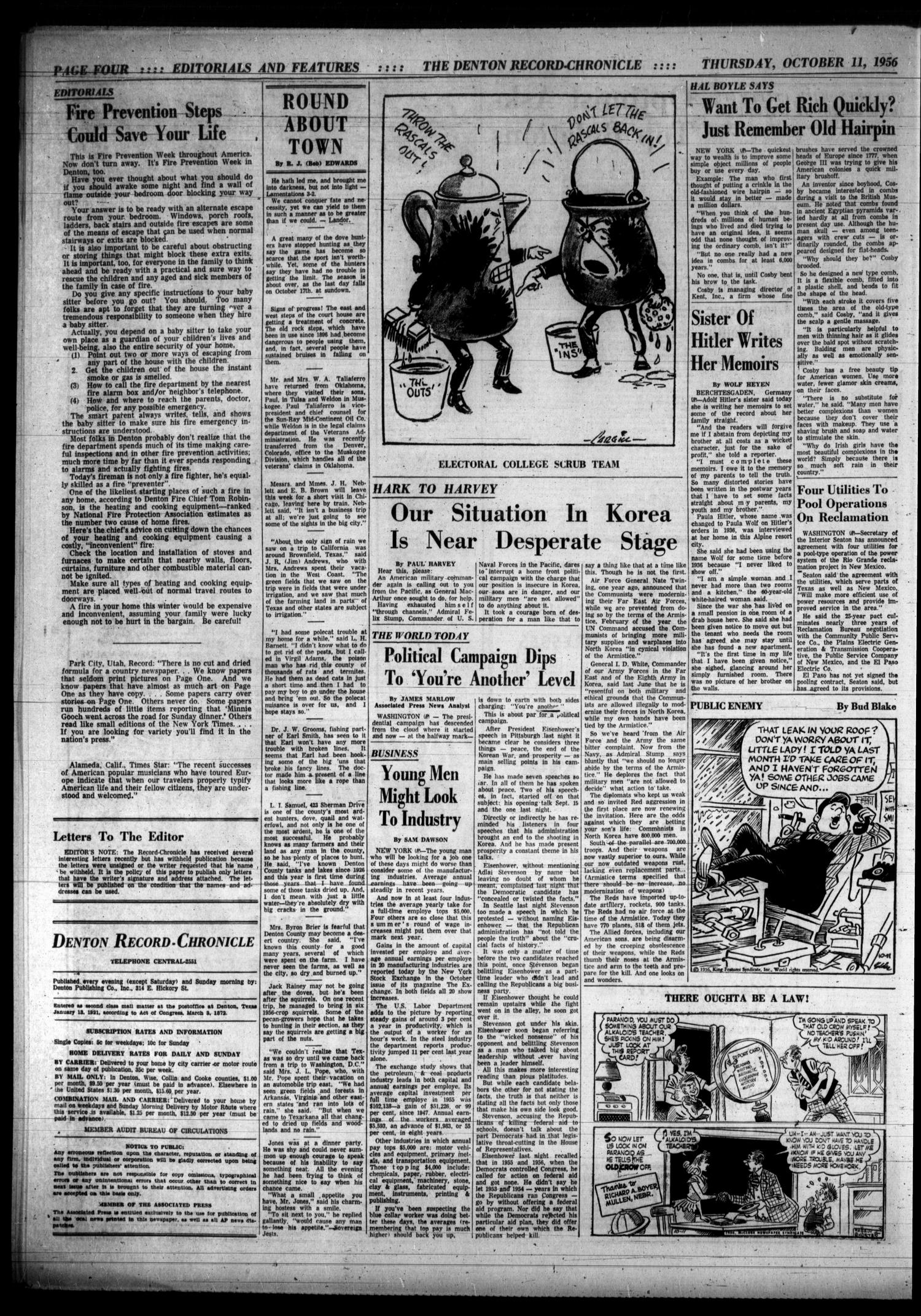 Denton Record-Chronicle (Denton, Tex.), Vol. 54, No. 60, Ed. 1 Thursday, October 11, 1956
                                                
                                                    [Sequence #]: 4 of 20
                                                