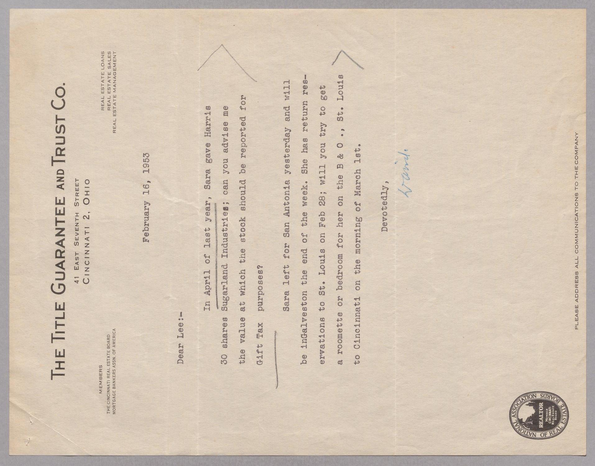 [Letter from David F. Weston to Robert Lee Kempner, February 16, 1953]
                                                
                                                    [Sequence #]: 1 of 2
                                                