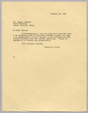 Primary view of object titled '[Letter from I. H. Kempner to Johnny Johnson, January 14, 1952]'.