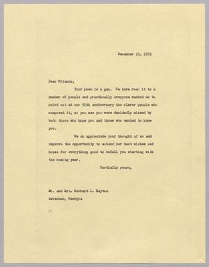 Primary view of object titled '[Letter from I. H. Kempner to  Mr. and Mrs. Herbert L. Kayton, December 23, 1952]'.
