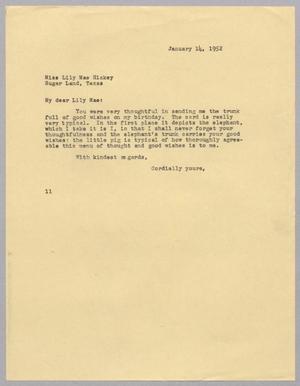 Primary view of object titled '[Letter from I. H. Kempner to Lily Mae Hickey, January 14, 1952]'.