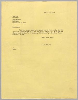 Primary view of object titled '[Letter from I. H. Kempner to Bissenger's, April 15, 1952]'.