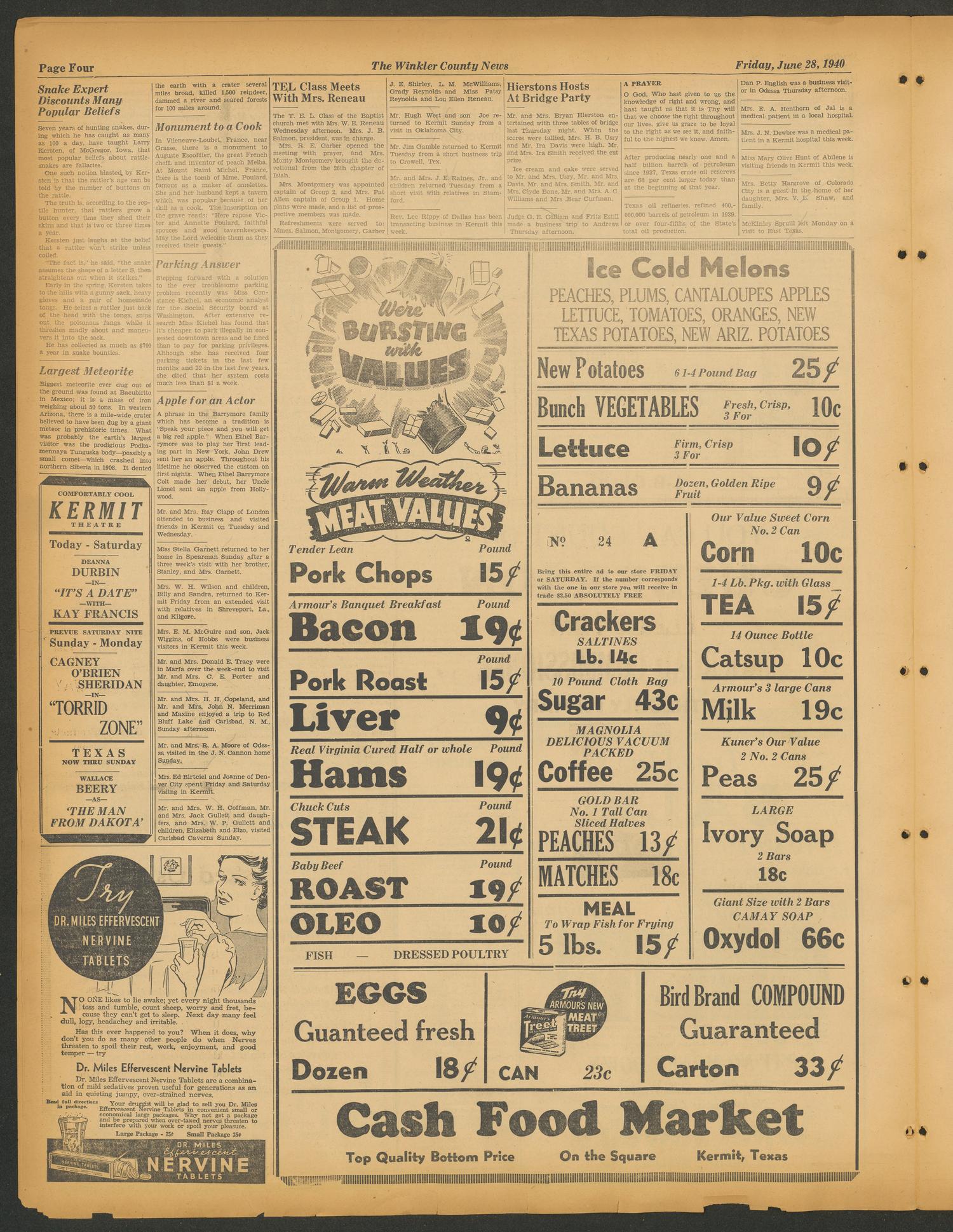 The Winkler County News (Kermit, Tex.), Vol. 5, No. 15, Ed. 1 Friday, June 28, 1940
                                                
                                                    [Sequence #]: 4 of 10
                                                