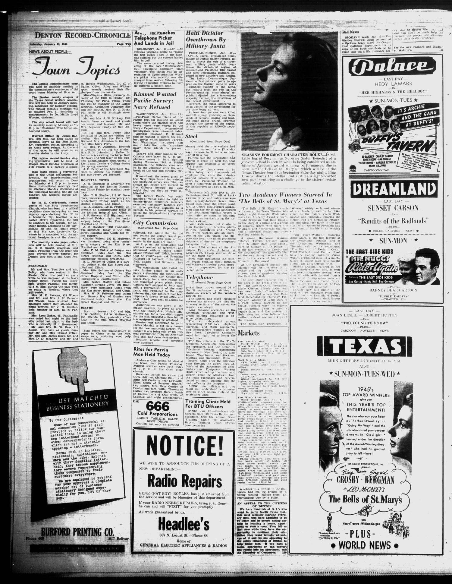 Denton Record-Chronicle (Denton, Tex.), Vol. 43, No. 129, Ed. 1 Saturday, January 12, 1946
                                                
                                                    [Sequence #]: 2 of 13
                                                
