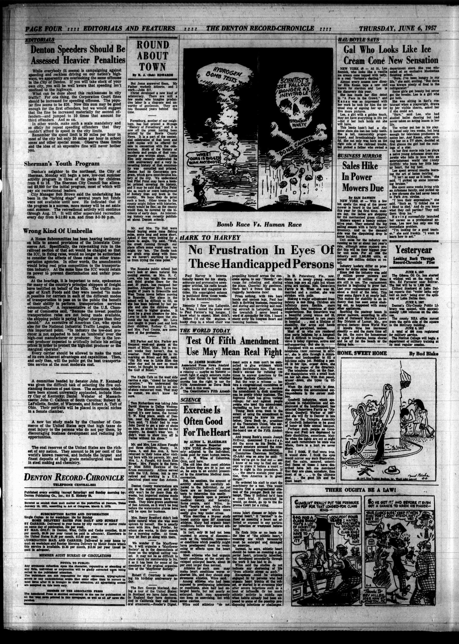 Denton Record-Chronicle (Denton, Tex.), Vol. 54, No. 261, Ed. 1 Thursday, June 6, 1957
                                                
                                                    [Sequence #]: 4 of 20
                                                