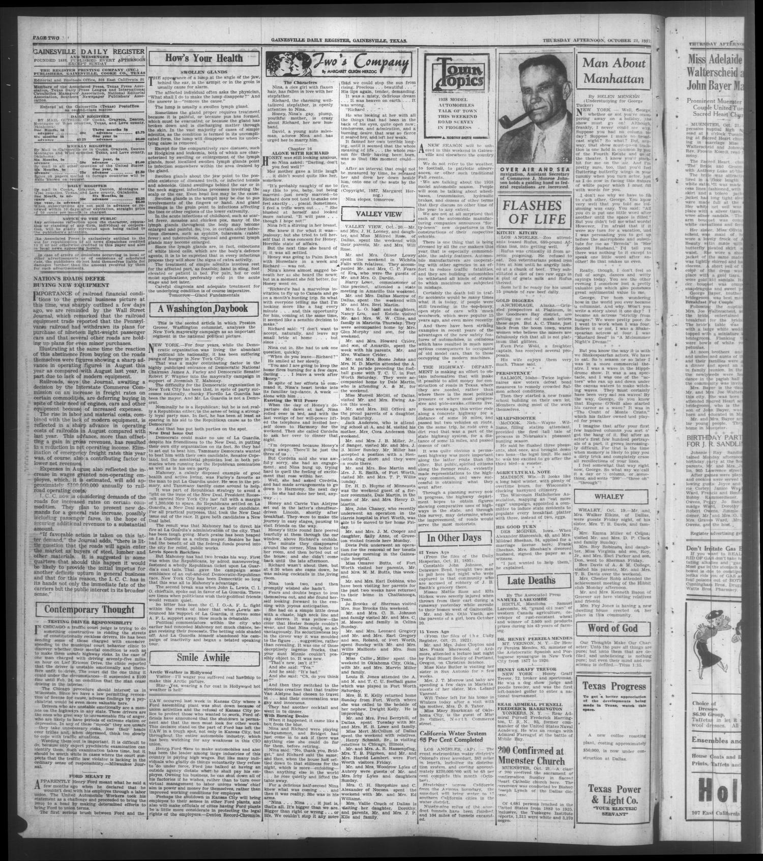 Gainesville Daily Register and Messenger (Gainesville, Tex.), Vol. 47, No. 279, Ed. 1 Thursday, October 21, 1937
                                                
                                                    [Sequence #]: 2 of 8
                                                